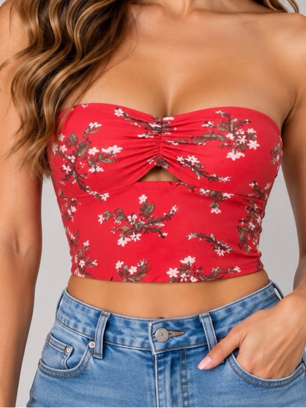 Fashion Nova Red Floral Strapless Sweetheart Tube Crop Top | Small
